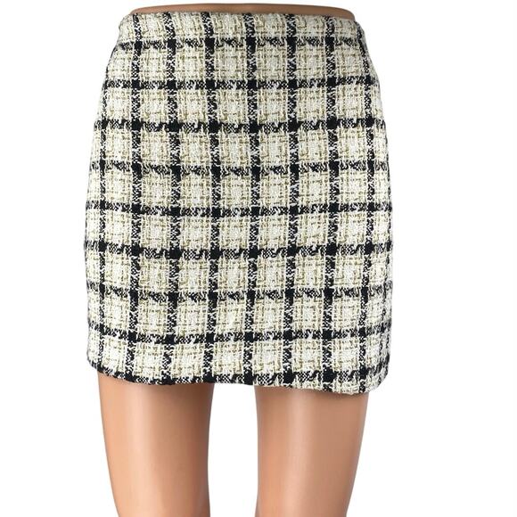 NEW Windsor Ivory Black Gold Metallic Tweed Plaid Mini Pencil Skirt Size S - Picture 1 of 5